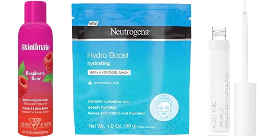 Skintimate Raspberry Rain Women's Moisturizing Shave Gel, Neutrogena Hydro Boost Hydrating Mask, snd wet n wild Photo Focus Care Color Corrector