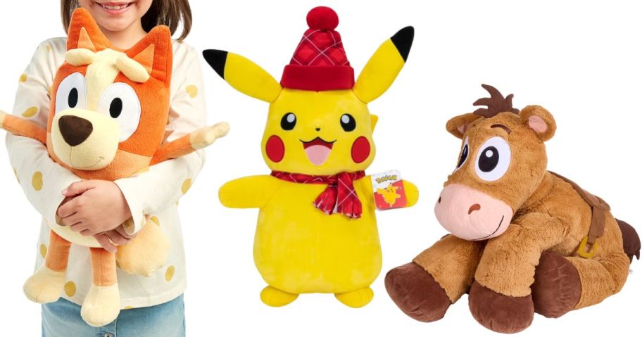 bingo, pikachu, and bullseye jumbo plush