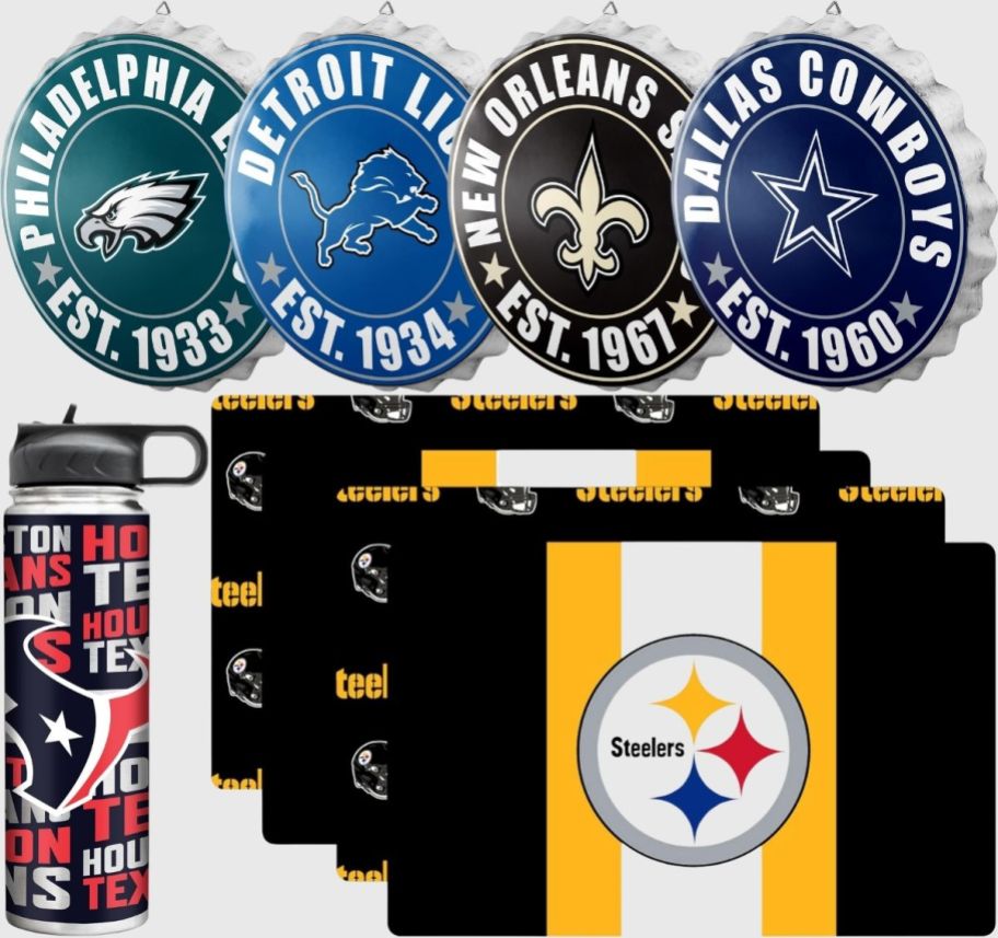 water bottle, placemeat set and bottle cap wall signs