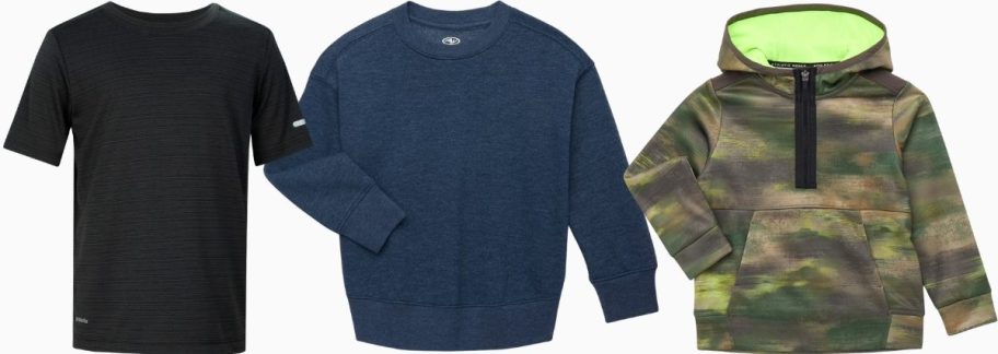 a boys tee, fleece sweatshirt and hoodie