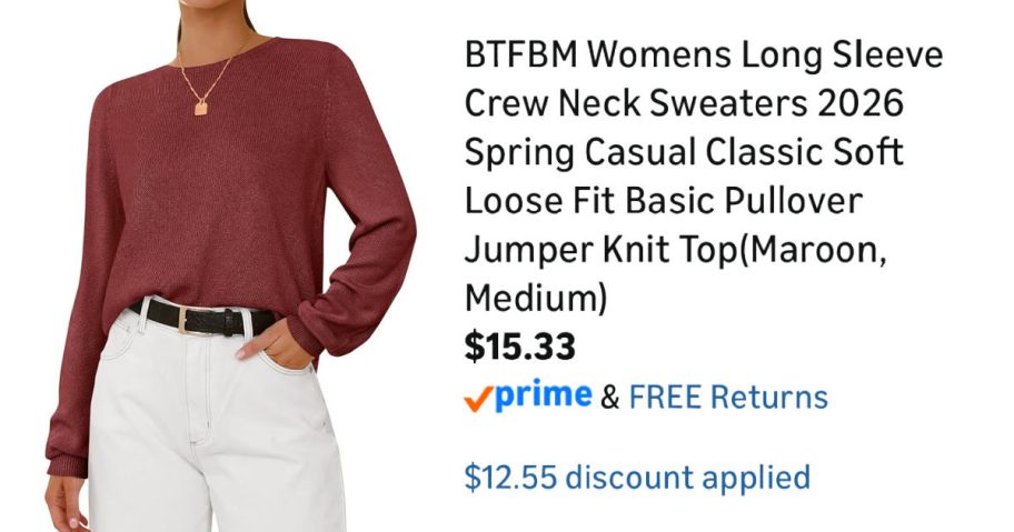 woman wearing rust colored sweater next to Amazon pricing information