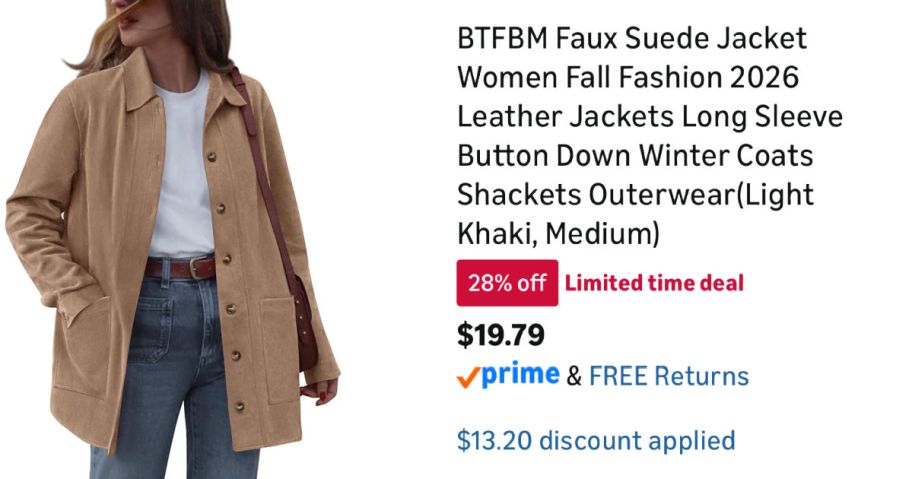 woman wearing tan jacket next to Amazon pricing information