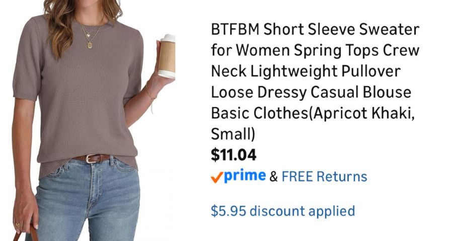 woman wearing tan sweater next to Amazon pricing information
