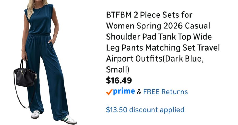 woman wearing blue outfit next to Amazon pricing information