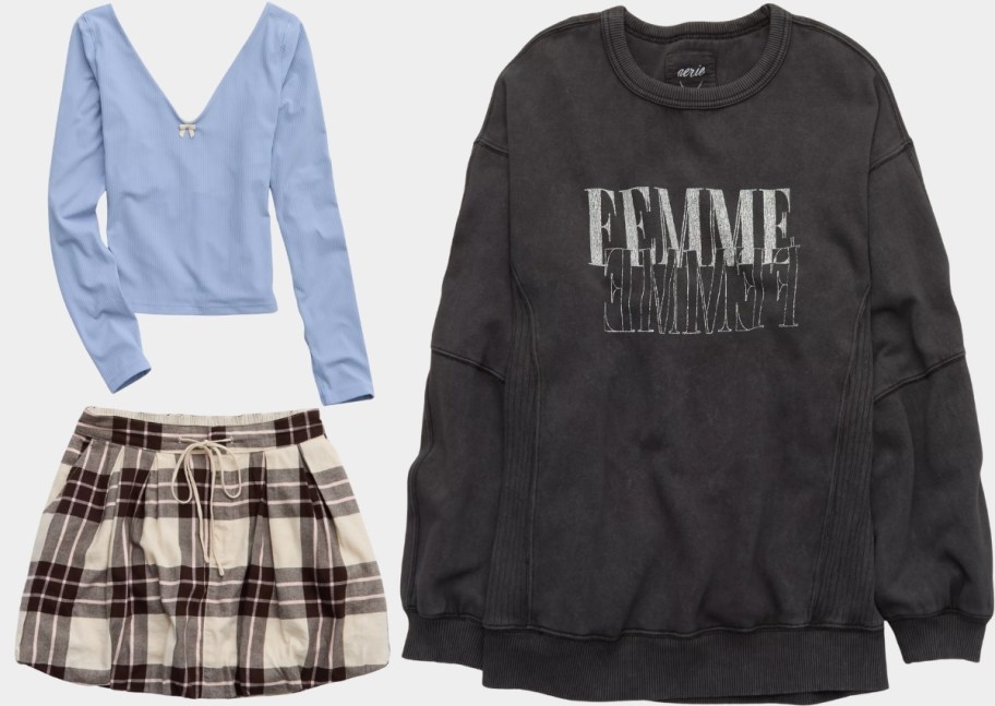 vneck top, skirt, and sweatshirt