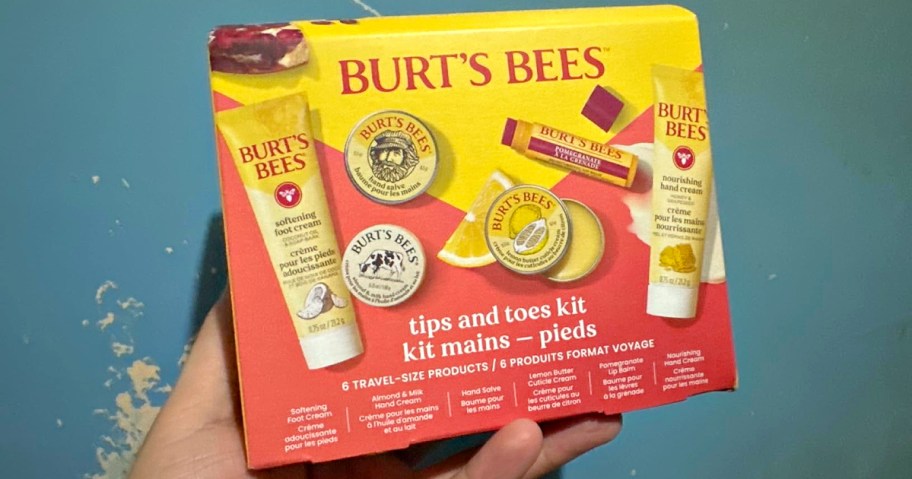 Close-up of a hand holding a Burt's Bees "Tips and Toes Kit." The box is yellow and red, showing six travel-size products for lip and skin care.