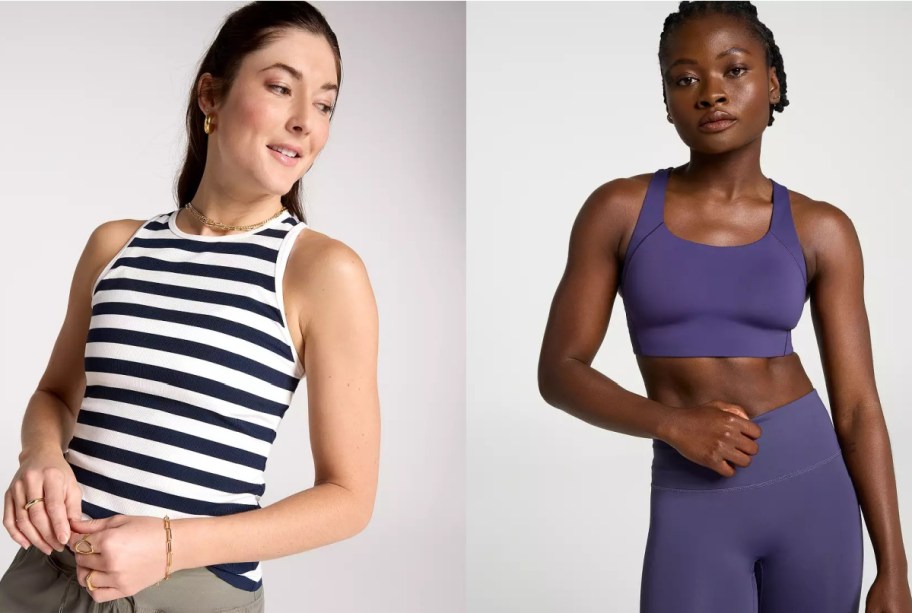Two women are posing against a neutral background. The first wears a navy striped tank top and the second wears a purple sports bra and leggings.