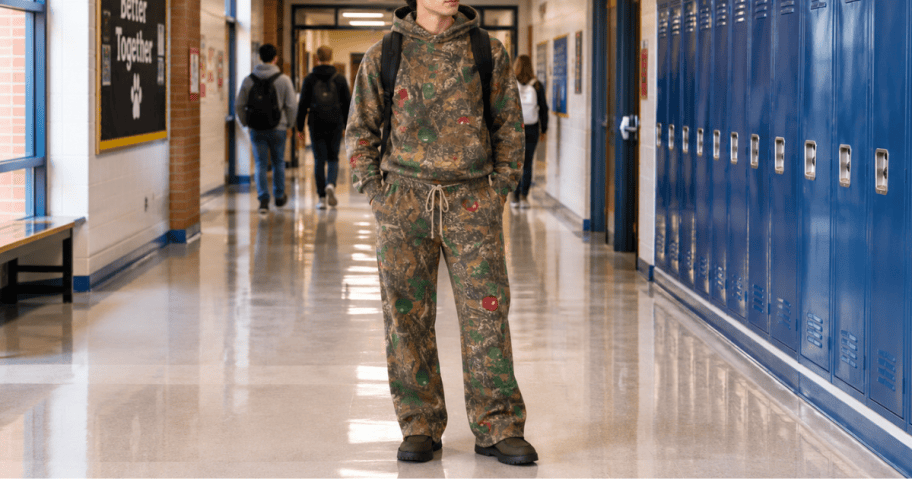 guy in camo holiday sweats in a school hallway with a backpack