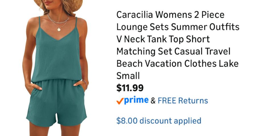 woman wearing teal lounge set next to Amazon pricing information