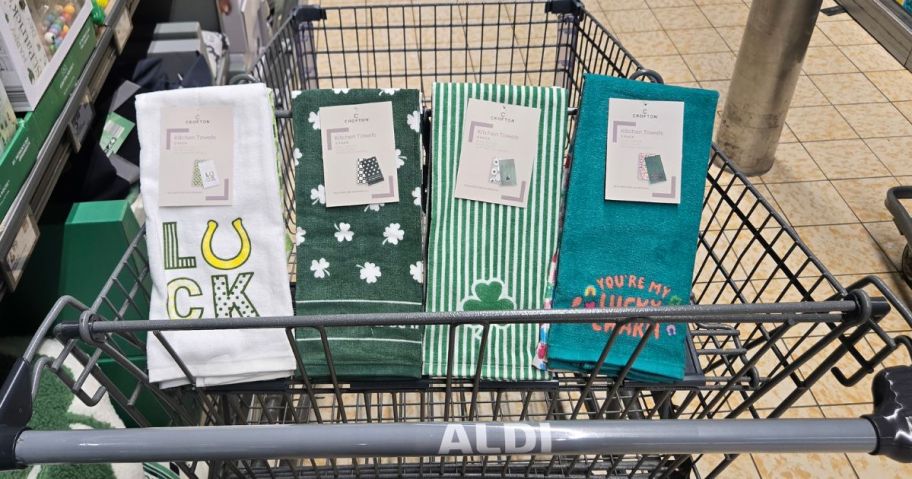 shopping cart filled with kitchen towels 