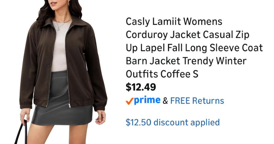 woman wearing brown jacket next to Amazon pricing information