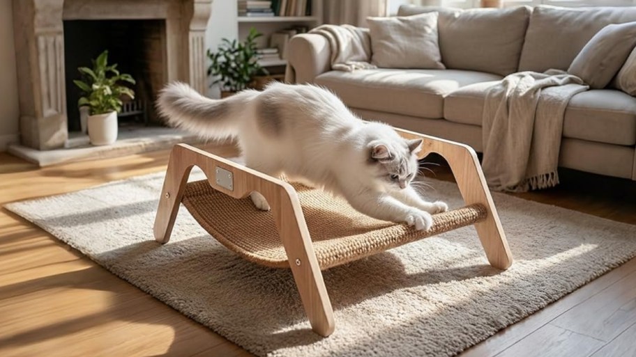 a white long hair cat sharpening claws on a 2 in 1 cat scratcher bed