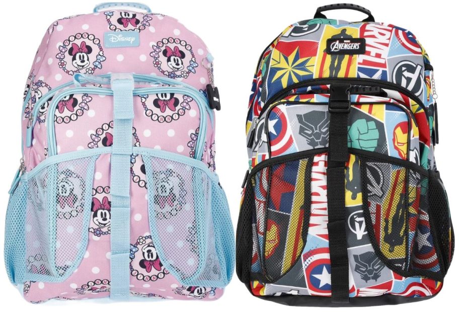 Stock images of a Disney Minnie Mouse and Marvel Superhero Backpack