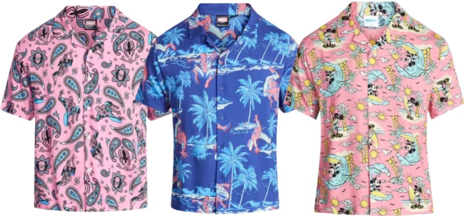 three mens character hawaiian shirts