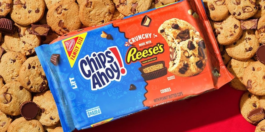 chips ahoy reese's cookie box laying on cookies 