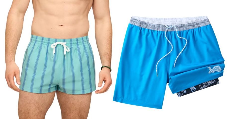 a man wearing chubbies swim trunks next to nfl themed swim trunks