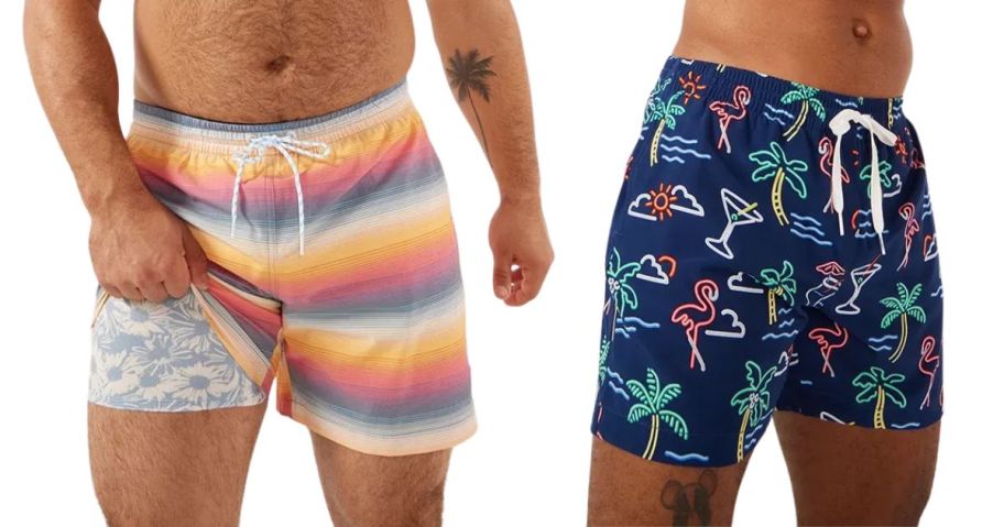two men wearing chubbies swim trunks