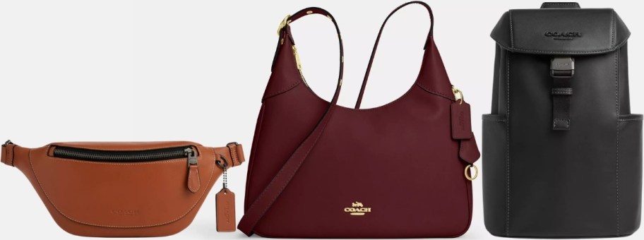 coach belt bag, shoulder bag, and backpack