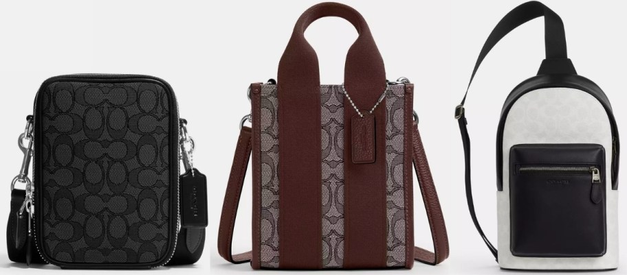 coach camera bag, mini tote and sling pack