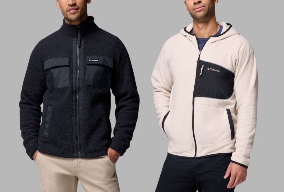 two men in two differnt styles of columbia fleece jackets