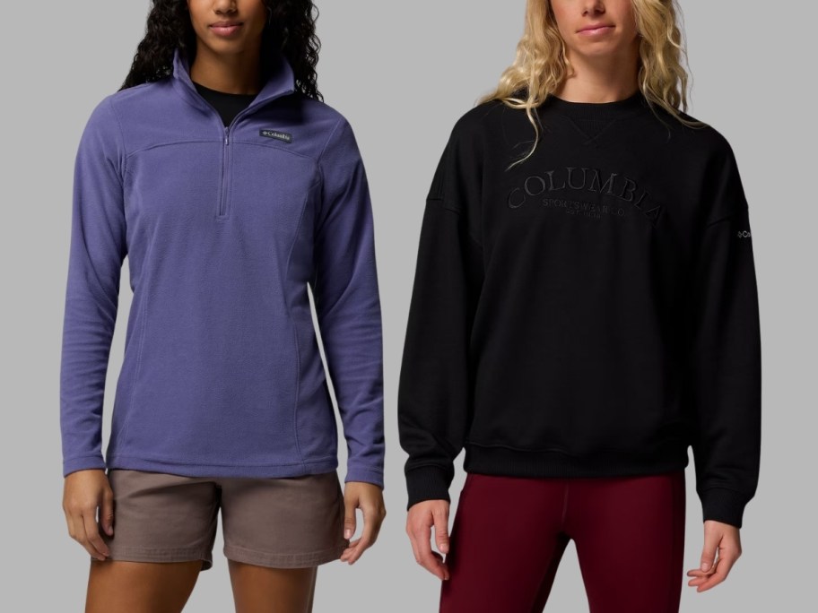 a woman in a 1/4 zip pullover and one in a crew neck sweatshirt