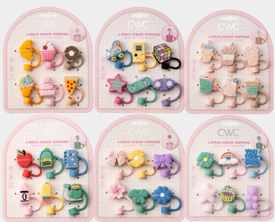 6 different 6 piece straw topper sets