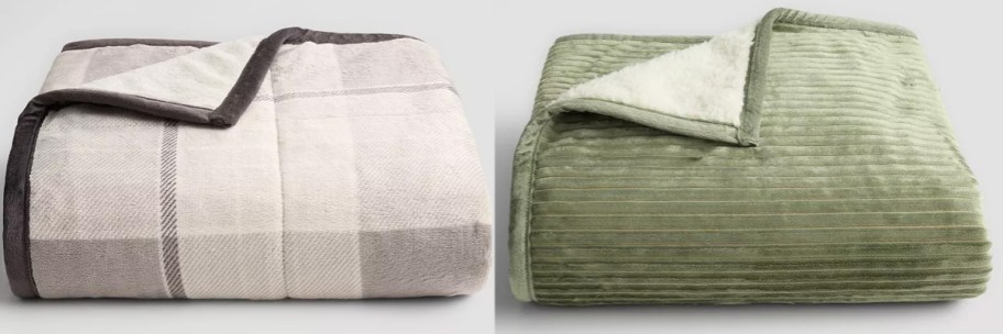 white plaid and green throw blankets