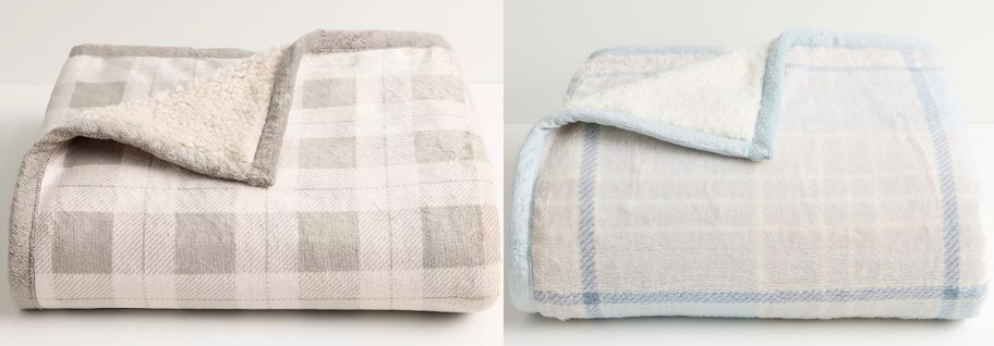 beige and blue throw blankets 