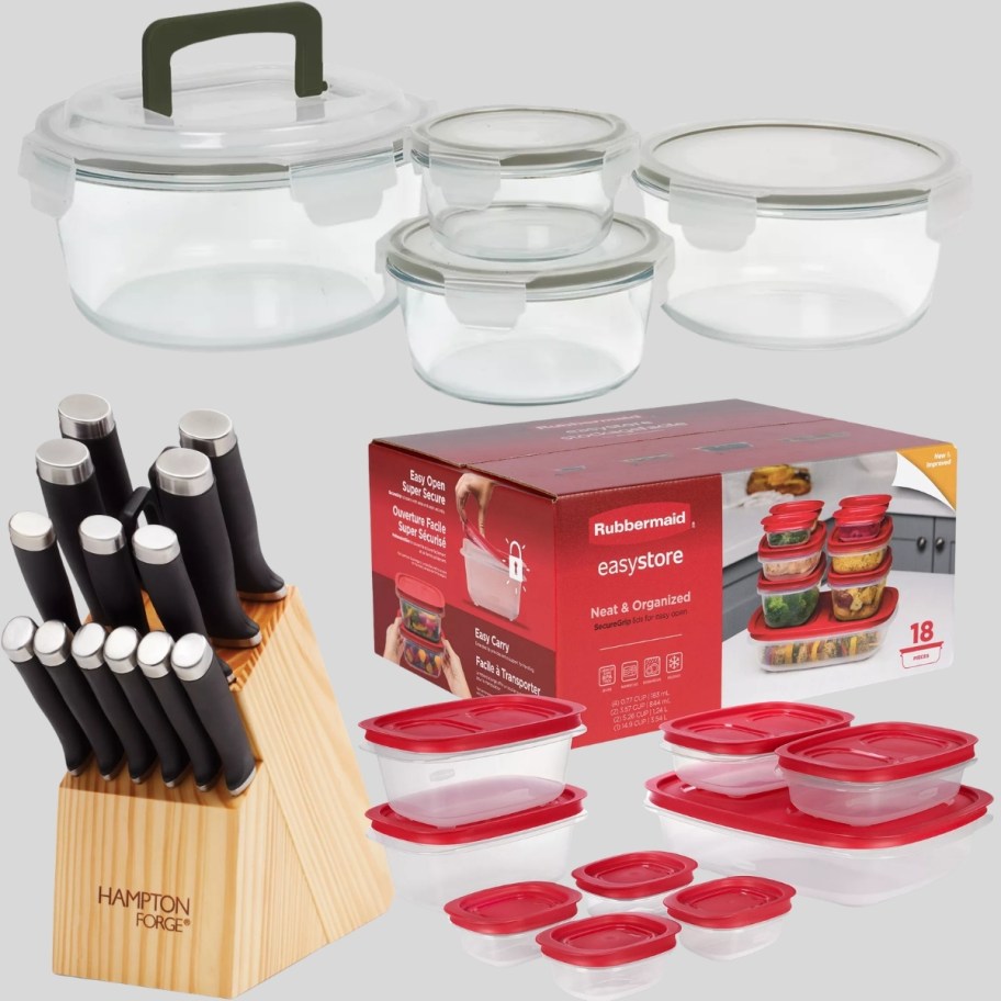nesting glass mixing bowls, knife block set and plastic food storage set