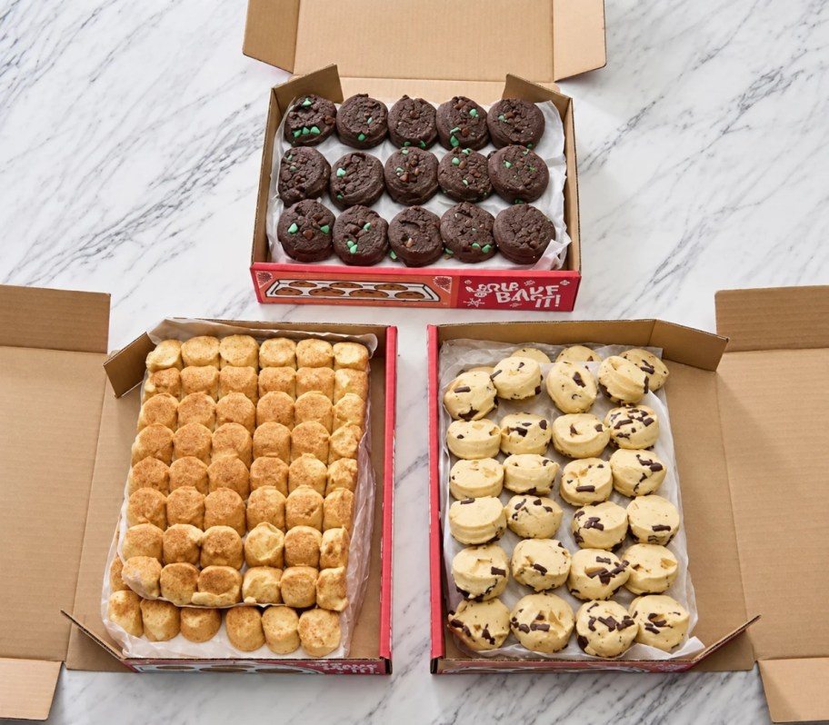 three boxes of cookie dough
