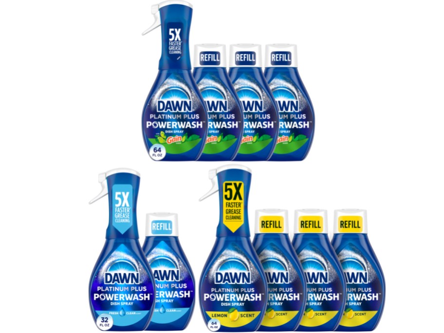 Bottles of Dawn Platinum Plus Powerwash Dish Spray arranged in two rows.