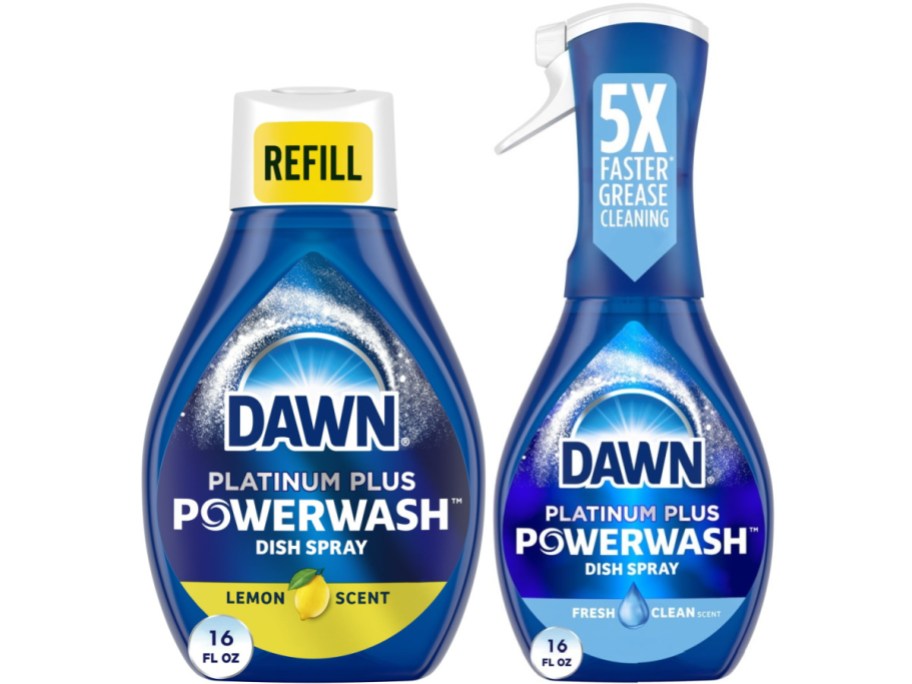 Two Dawn Powerwash bottles: a refill with lemon scent tag and a spray bottle labeled "5X Faster Grease Cleaning," both 16 fl oz, in blue packaging.