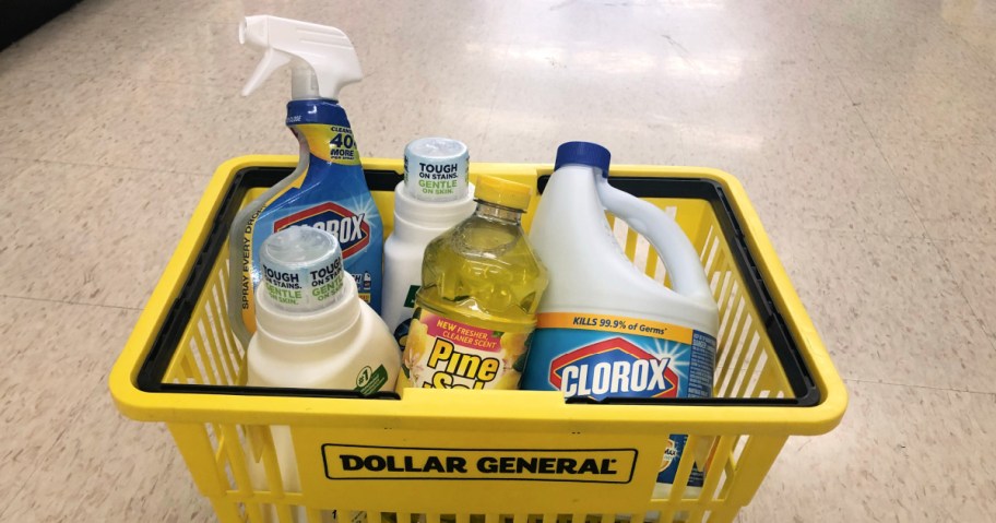 cleaning items in a Dollar General store basket