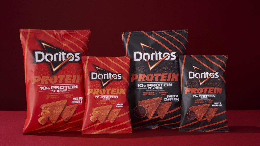 bags of new doritos protein chips in two different sizes and flavors