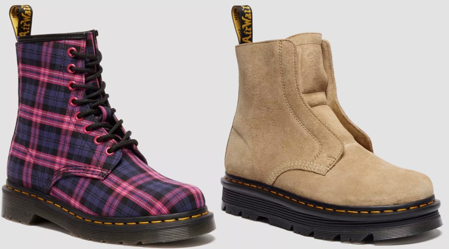 pink plaid and tan boots 