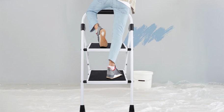 person standing on white and black 2 step ladder 