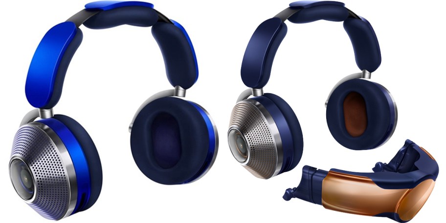 two pairs of blue and silver dyson headphones 