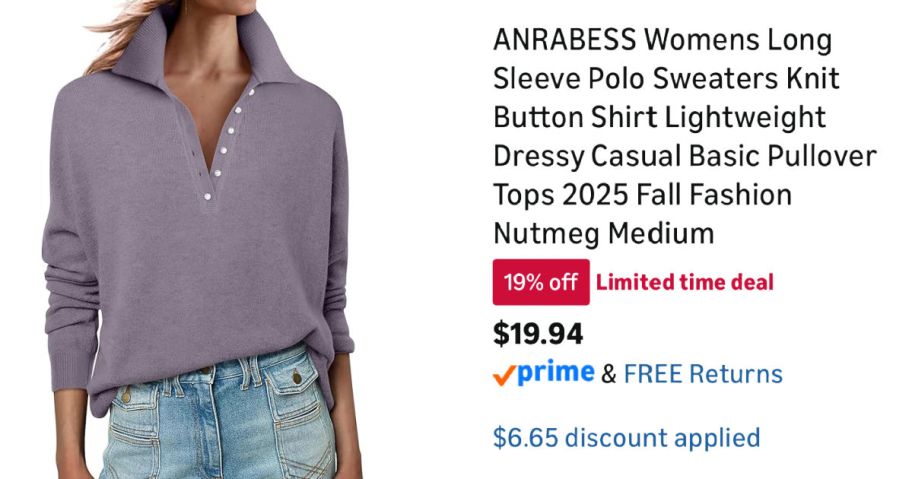 woman wearing purple sweater next to Amazon pricing information