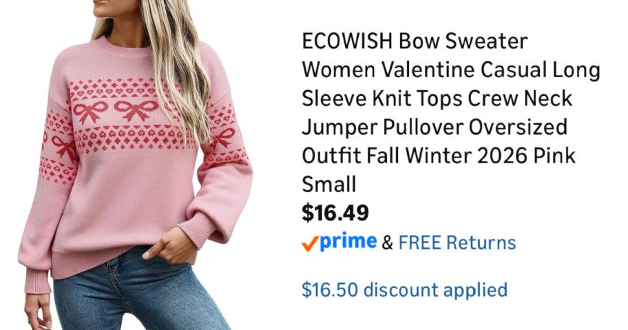 woman wearing pink bow sweater next to Amazon pricing information