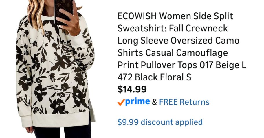 woman taking selfie in floral sweatshirt next to Amazon pricing information