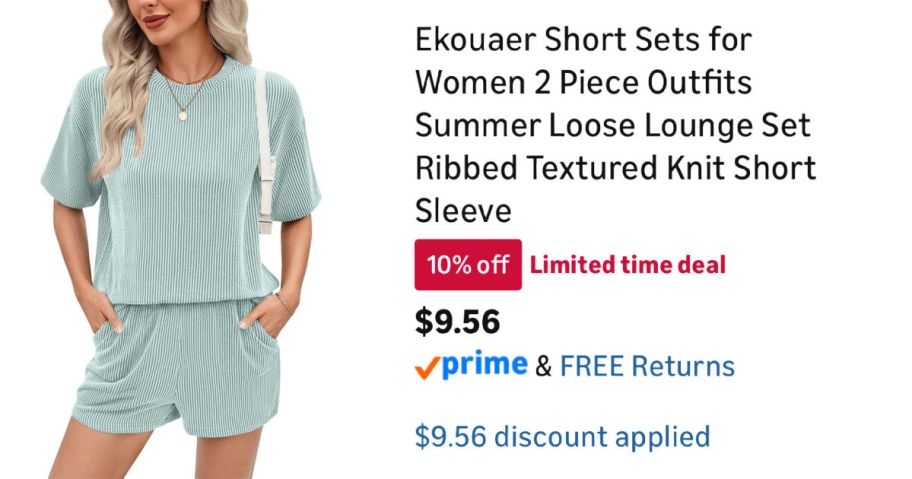 woman wearing green lounge set next to Amazon pricing information