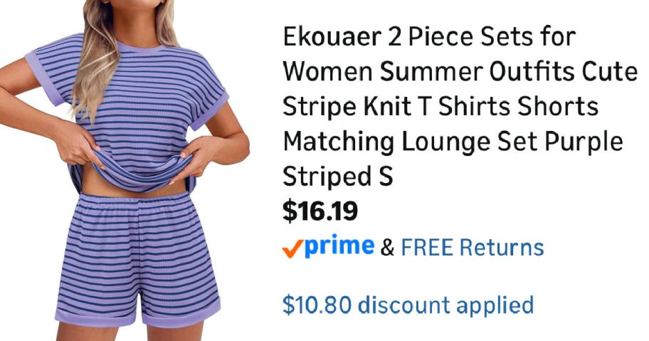 woman wearing purple lounge set next to Amazon pricing information