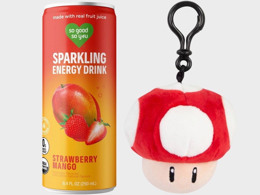 a can of energy drink and a mushroom shaped bag clip