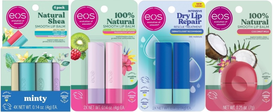four pack of various flavors eos lip balms