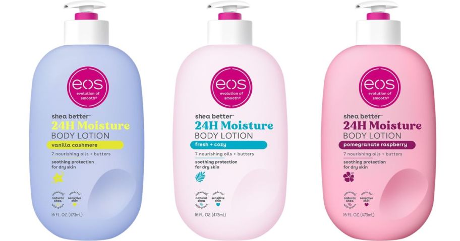 stock image of three different eos lotion scents