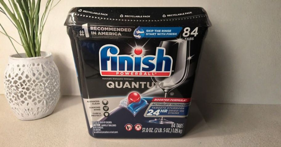 Finish Quantum Dishwasher Detergent Pods 84-Count on counter