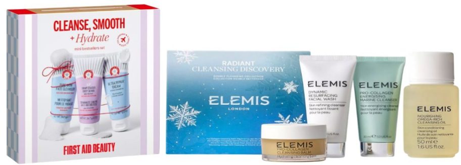First Aid Beauty 3-Piece Cleanse, Smooth + Hydrate Mini Bestsellers Set and Elemis 4-Piece Radiant Cleansing Discovery Set