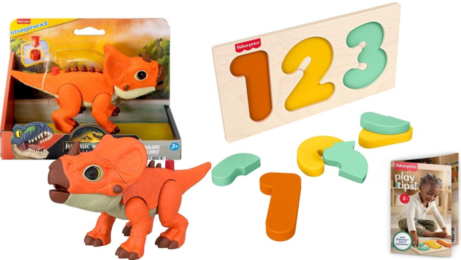 Children's toys including a bright orange toy dinosaur with movable limbs, a wooden number puzzle featuring numbers 1 to 3, and a booklet with play tips showing a child playing on the cover.