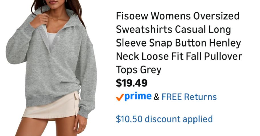 woman wearing gray sweatshirt next to Amazon pricing information