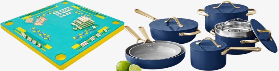 a floating game table and a cceramic pots and pans set